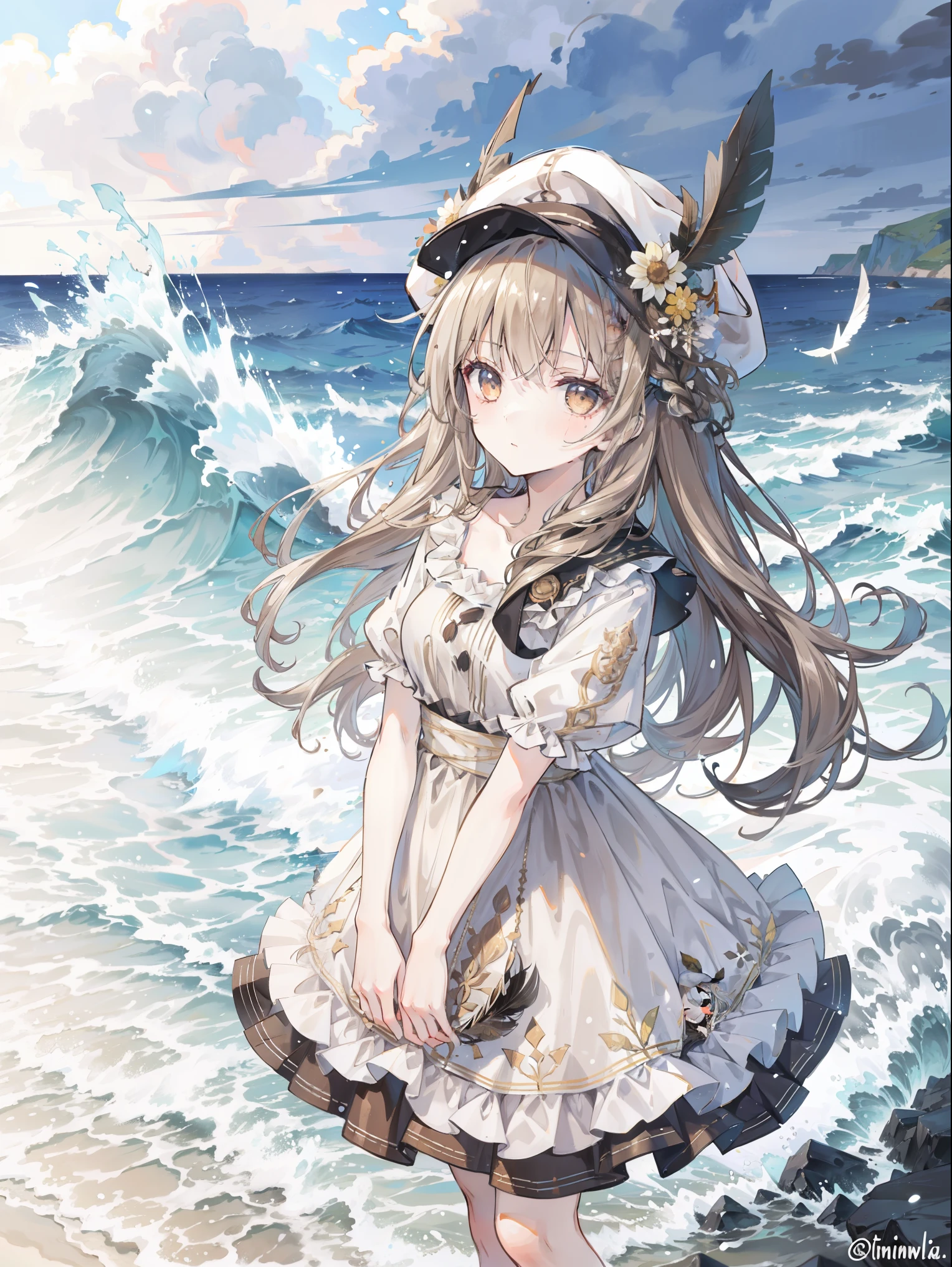 Young woman, fluffy brown dress, cap, feathers, flowers, Embankment, Sea background, big waves, storm, splashing, foam.
