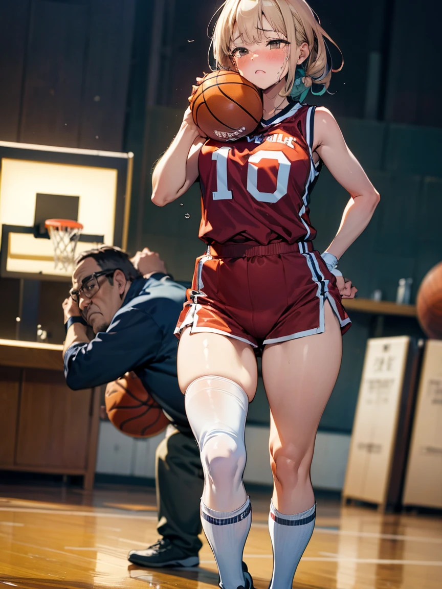 (Mädchen,Dicker Mann mittleren Alters:1.2)、(weinendes Gesicht:1.1)、8K-Auflösung、 Meisterwerk、((höchste Qualität))、anatomisch korrekt、(Basketball-Uniformen:1.3)、(Weiße Kniestrümpfe)、((Hasselblad Photos))、[:(Detailliertes Gesicht:1.2):0.2]