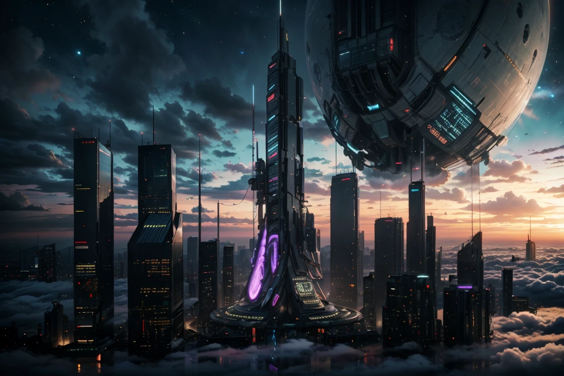 An ultra-high picture quality、Maximum quality、futurecity、cyber punk、vibrant light、skyscrapers、In the clouds、View of the universe、SF World、Huge colossal Indian statue in the middle of the city, huge colossal Indian statue