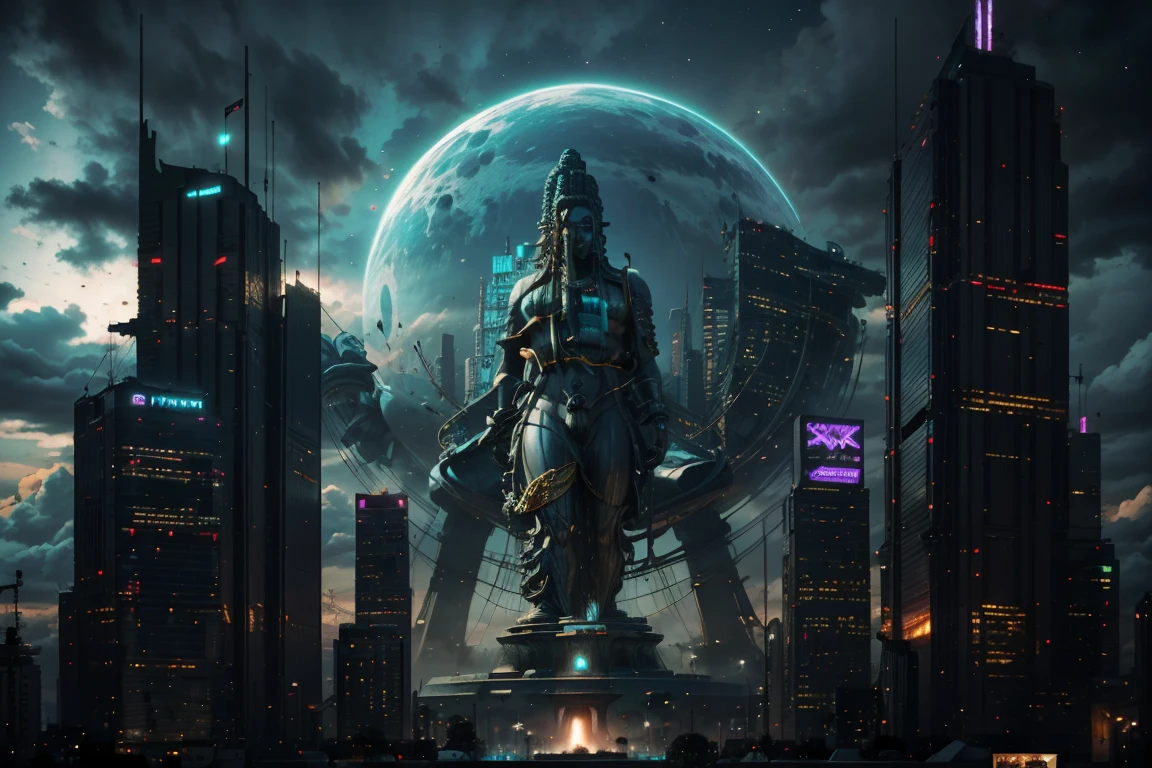 An ultra-high picture quality、Maximum quality、futurecity、cyber punk、vibrant light、skyscrapers、In the clouds、View of the universe、SF World、Huge colossal Indian statue in the middle of the city, huge colossal Indian statue, (((huge colossal Indian statue)))