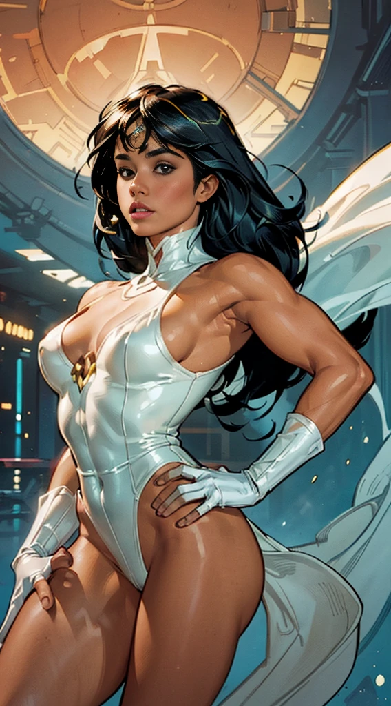 Mayara Rodrigues as a beautiful woman wearing a white scifi bodysuit artstyle by Adam Hughes, masterpiece, perfect pose, high quality, fine lines, thin strokes, ink painting style, soft colors, flowing brushstrokes, low angle