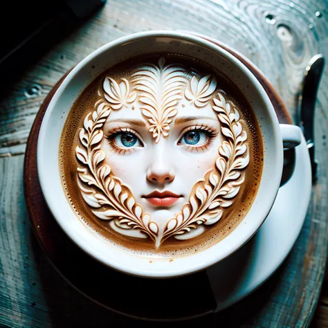 Use latte art in the white form:1.5, Butterfly art, A few cups of coffee:1.3, Complex illustrations, Delicate lines, Fine detail...