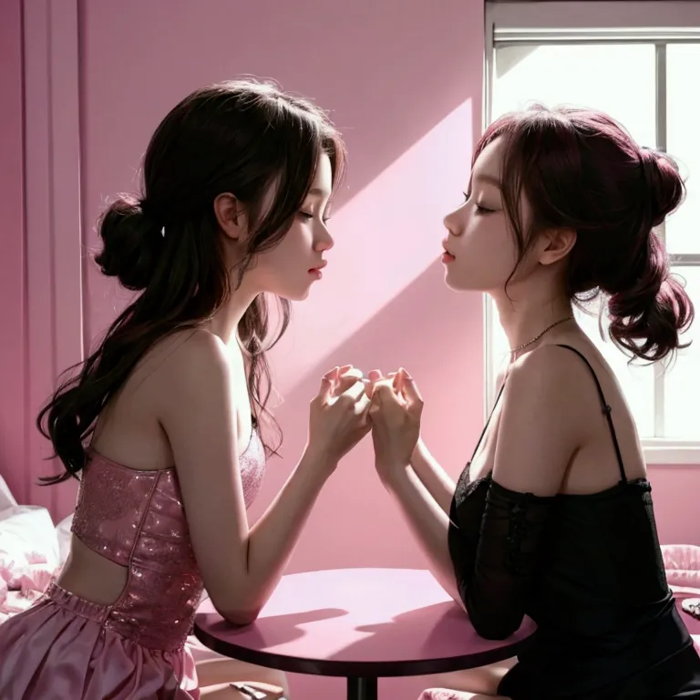 two girls kissing in a room, one dressed in pink and the other in black against a table touching their body between them