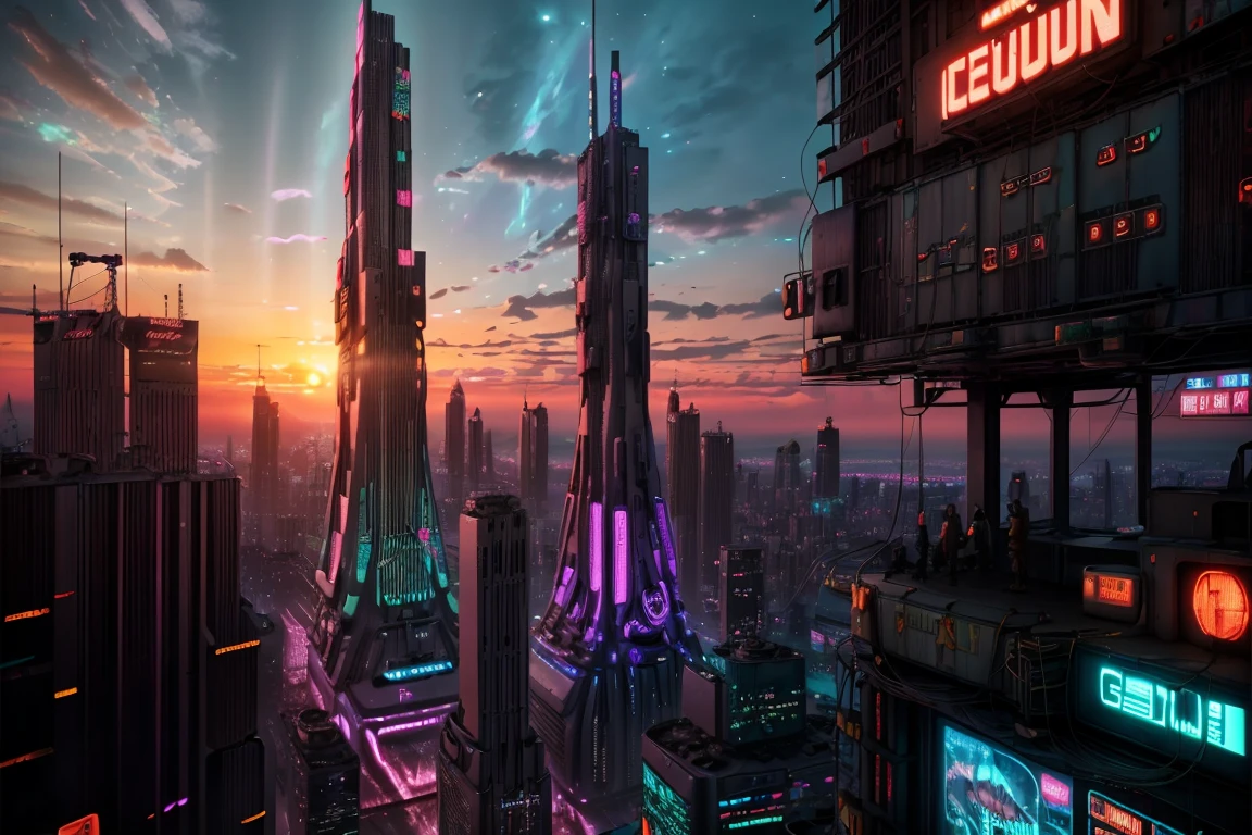 An ultra-high picture quality、Maximum quality、futurecity、cyber punk、vibrant light、skyscrapers、neon lights、View of the universe、SF World、Huge colossal Indian statue in the middle of the city, huge colossal Indian statue, (((huge colossal Indian statue))), (((sunset))),(((neon lights))), (((billboards)))