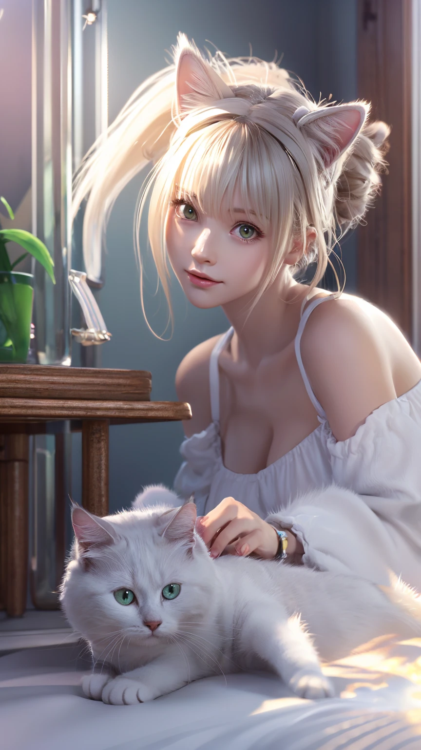 High resolution CG unity wallpaper 8k, top-quality, Piece Table, Realistic, hyper realistic photography, Highly detailed beautiful woman there is a white Cat and a girl laying in bed, white Cat girl, very beautiful cute Catgirl, white ( Cat ) girl, soft anime illustration, cute digital art, cute detailed digital art, nice and cute, adorable digital paintings, Gweiz, cute 3d rendering, very beautiful anime Cat girl, trending on cgstation