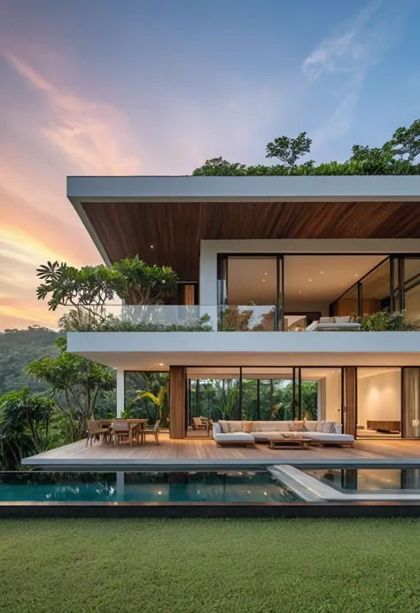 modern minimalist villa cascading the hill, tropical trees surrounding, living room furniture, bedroom furniture, low angle view...