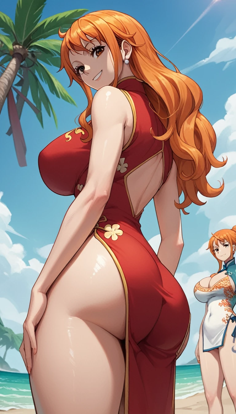 score_9, score_8_up, score_7_up, source_anime, best quality, clear face, Nami, orange hair, orange eyes, long hair, large breasts, perfect body, looking at viewer, smile, china dress, red clothes, in the beach, standing, dynamic angle, from behind, big ass, low angle