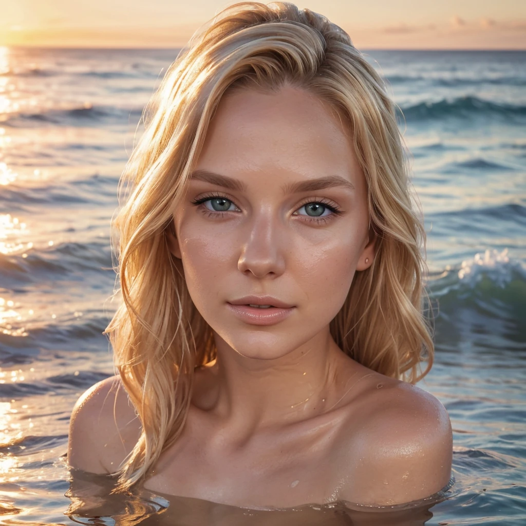 a beautiful blonde girl, 165cm tall,   topless in water, australian, realistic, photorealistic, 8k, high resolution, masterpiece, detailed facial features, detailed eyes, detailed nose, detailed lips, detailed skin, detailed hair, studio lighting, warm color tones, ocean waves background, golden hour lighting