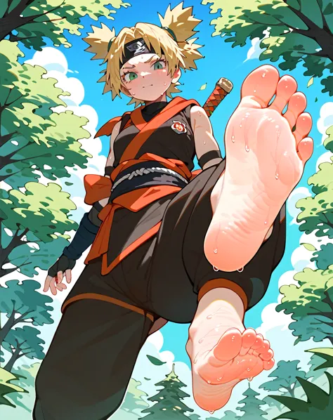 temari shows her stinky feet low angle，detailed background，there are many trees behind，sky，barefoot，sweating on the soles of the...