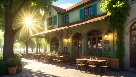 A cafe in an old house,Coffee cup,Sunlight filtering through the trees,Daytime,Highest quality, 8k, High resolution, masterpiece:1.2, Very detailed, Realistic:1.37, High resolution, 超High resolution, Very detailed, Professional, Vibrant colors