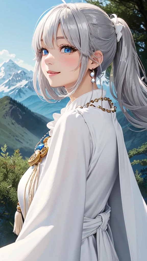 ((masterpiece)), ((best quality)), (ultra-detailed), ((kawaii)), cute, (lovely), ((extremely detailed)), (Detailed eye), (detailed facial features), (Detailed fingers), (detailed clothes features), 4K, (8k), (beautiful), illustration, from side, profile:1.3, forest, ((mountain)), daytime, a cute girl, 1girl, 独奏, japanese, ((White mage clothes:1.3)), (mage dress:1.3), flat chest, (beautiful silver hair:1.3), ((beautiful hair)), (twin tails), (hair blown by the wind:1.4), beautiful blue eyes, ((beautiful eyes)), (bib necklace:1.4), smile, blush, shiny、Big Breasts