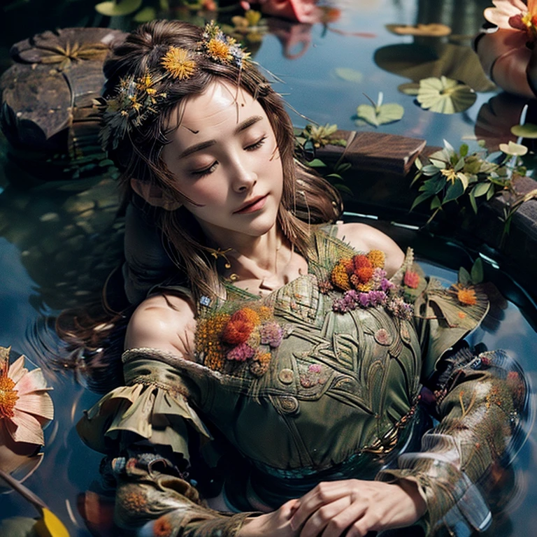 ((Ultra-Detailed (Ophelia:1.37))) with closed eyes, expressionless, lying on her back, (((Whole Body submerged exist beautiful face))) in a Pond, surrounded by petals, flowers, (((Extremely Detailed Stunning Face))) Sparkling Water 