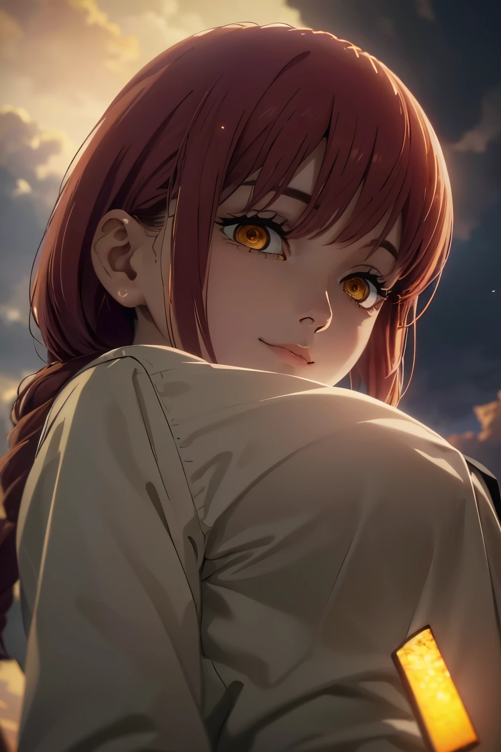 8k, raw photo, masterpiece, extremely detailed, best quality, professional lighting, high res, beautiful girl, makima, tie, yellow eyes, spiral in eyes, lower eyelashes, dark circles under the eyes, white shirt, relaxed smile, (looking down viewer, from below), sunset, dark clouds, outdoor, on street