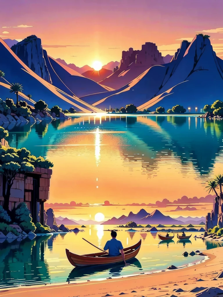 there is a man sitting in a boat in the water, in socotra island, warm glow, morning glow, at dawn, vibrant environment, 
evening At dusk, At dusk, in an oasis lake in the desert, in an african river, at Dawn, by the end of the afternoon, Oman, 
Sunset, in the twilight, End of the day, early in the evening, in the early morning