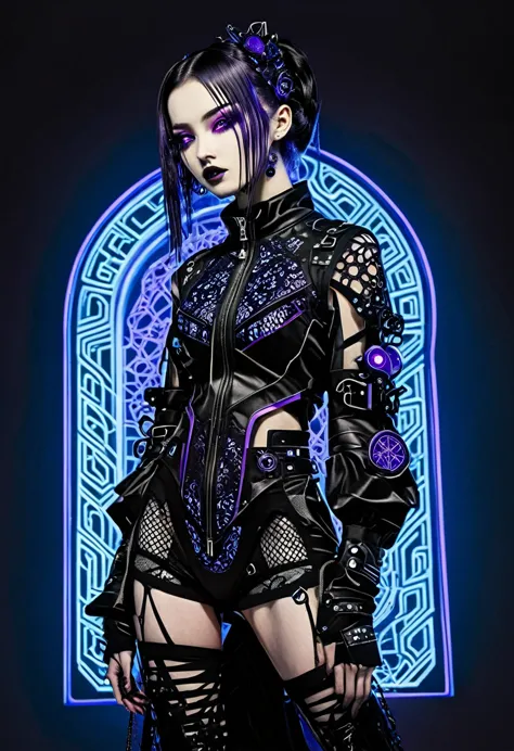 create a striking image for sublimation on streetwear garments, combining gothic elegance with futuristic cyberpunk elements. th...