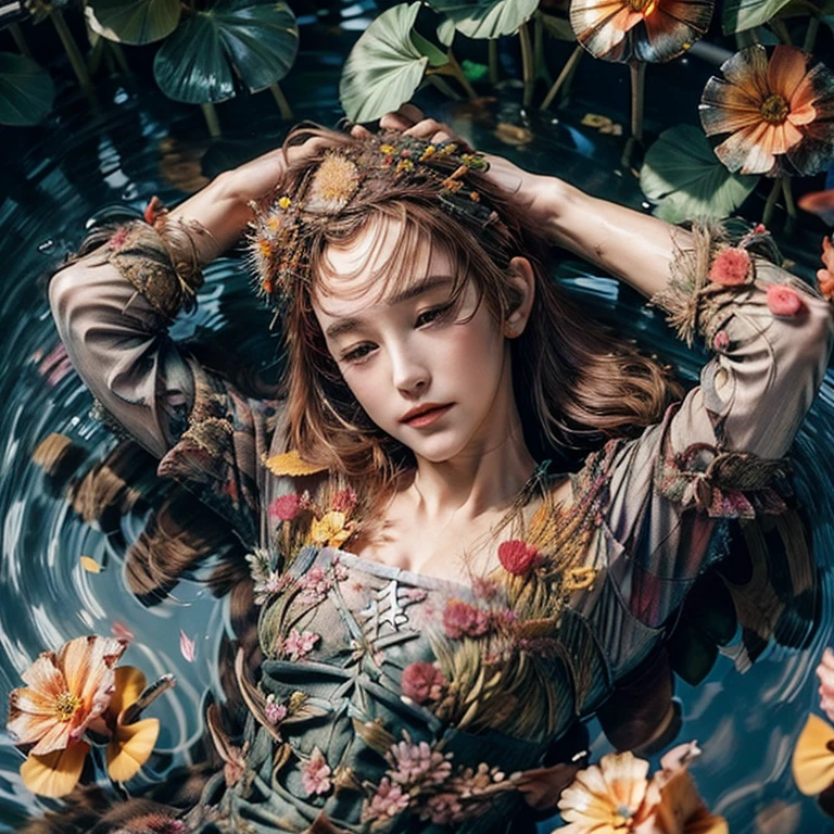 ((Ultra-Detailed (Ophelia:1.37))) with closed eyes, expressionless, lying on her back, (((Whole Body submerged except for beautiful face))) in a Pond, surrounded by petals, flowers, (((Extremely Detailed Stunning Face))) Sparkling Water , water flow