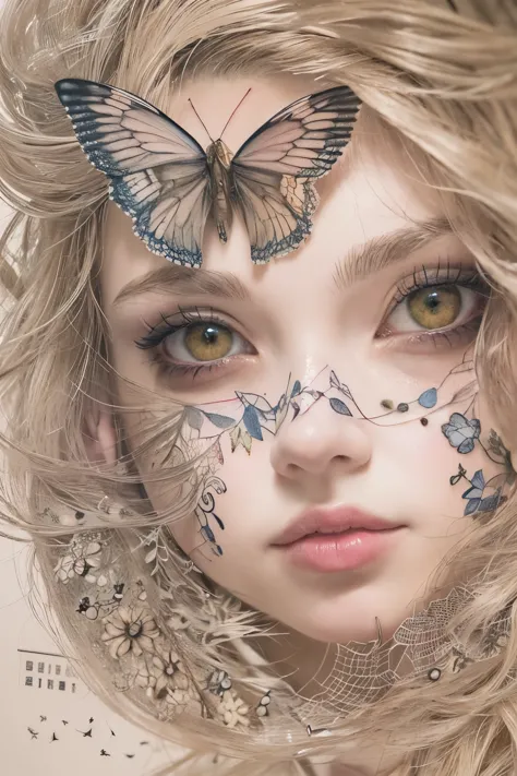 ((((masterpiece))), tattoo、Highest quality, An illustration, Beautiful details shine,
paper_cut, The details of a fragile girl&#39;s face captured on camera, wood, moon, butterfly,Wind、star、spider、Ladybug、centipede