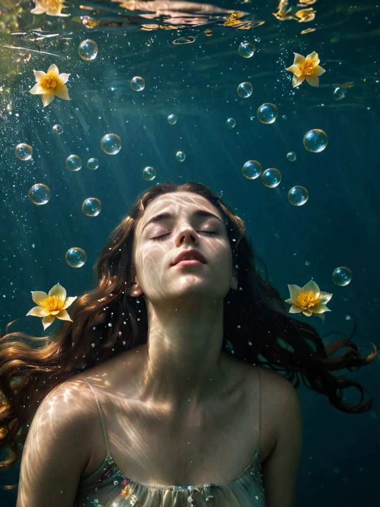 underwater,eyes closed,loose hair,some petals and leaves float on the water surface,
light leaks,many bubbles underwater,
Extremely high-resolution details,photographic,realism pushed to extreme,fine texture,incredibly absurdres,absurdres,masterpiece,Extremely high-resolution details,realism pushed to extreme,fine texture,Hyperrealism style,