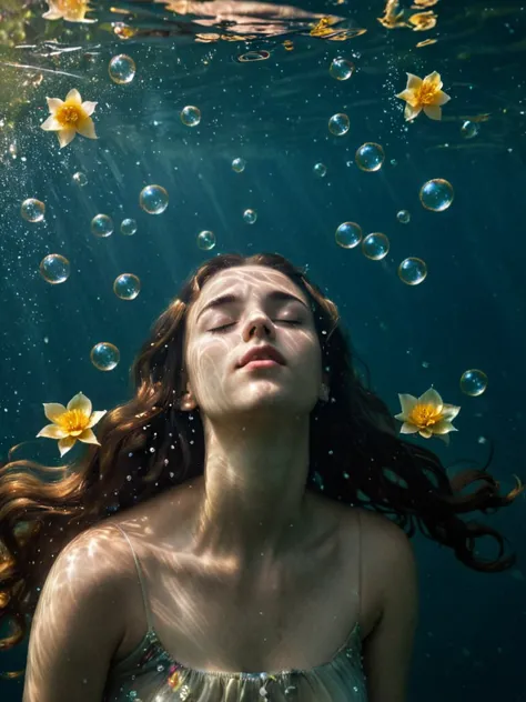 underwater,eyes closed,loose hair,some petals and leaves float on the water surface,
light leaks,many bubbles underwater,
Extrem...