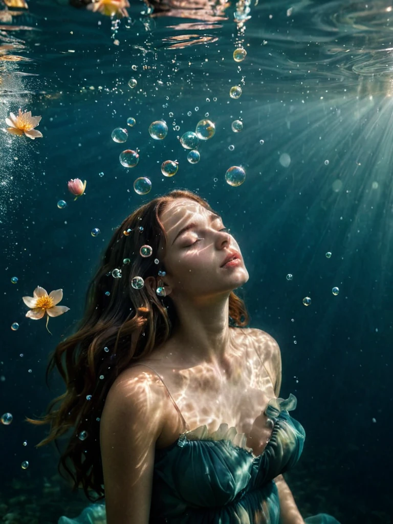 underwater,eyes closed,loose hair,some petals and leaves float on the water surface,
light leaks,many bubbles underwater,
Extremely high-resolution details,photographic,realism pushed to extreme,fine texture,incredibly absurdres,absurdres,masterpiece,Extremely high-resolution details,realism pushed to extreme,fine texture,Hyperrealism style,