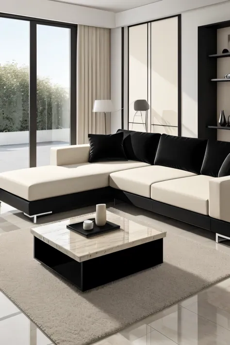 Professional 3d architecture rendering design of modern and minimal and chic  light cream velvet sofa and black slab stone middle table and modern accessories and modern windows and sofa 