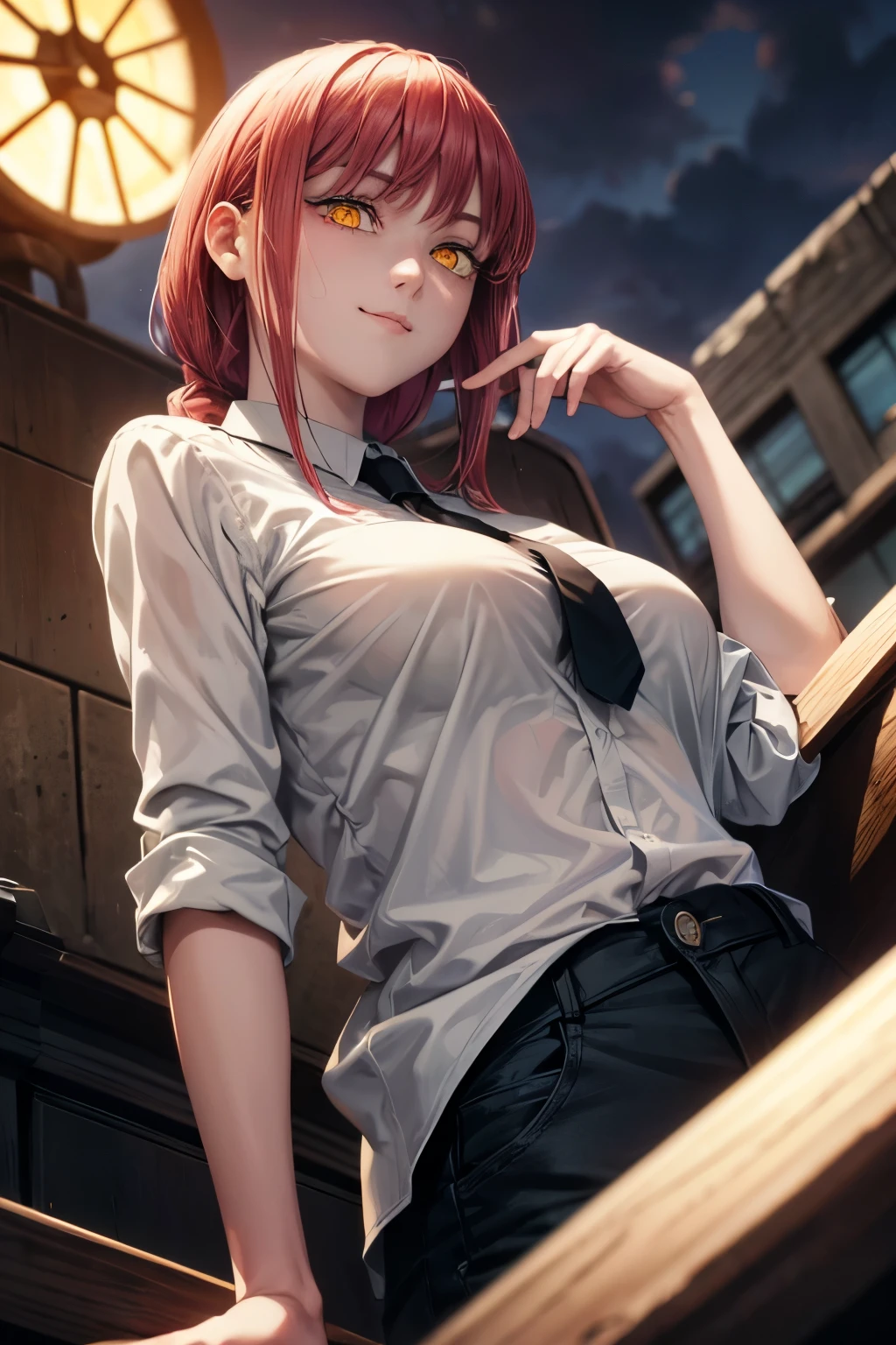 8k, raw photo, masterpiece, extremely detailed, best quality, professional lighting, high res, beautiful and adorable girl, sfw, BREAK makima, yellow eyes, spiral in eyes, lower eyelashes, dark circles under the eyes, relaxed smile, emotionless, cold smile, mysterious girl, BREAK (long black tie, white shirt, black pants), (looking down viewer, from below, close up model), sunset, dark clouds, outdoor, on street