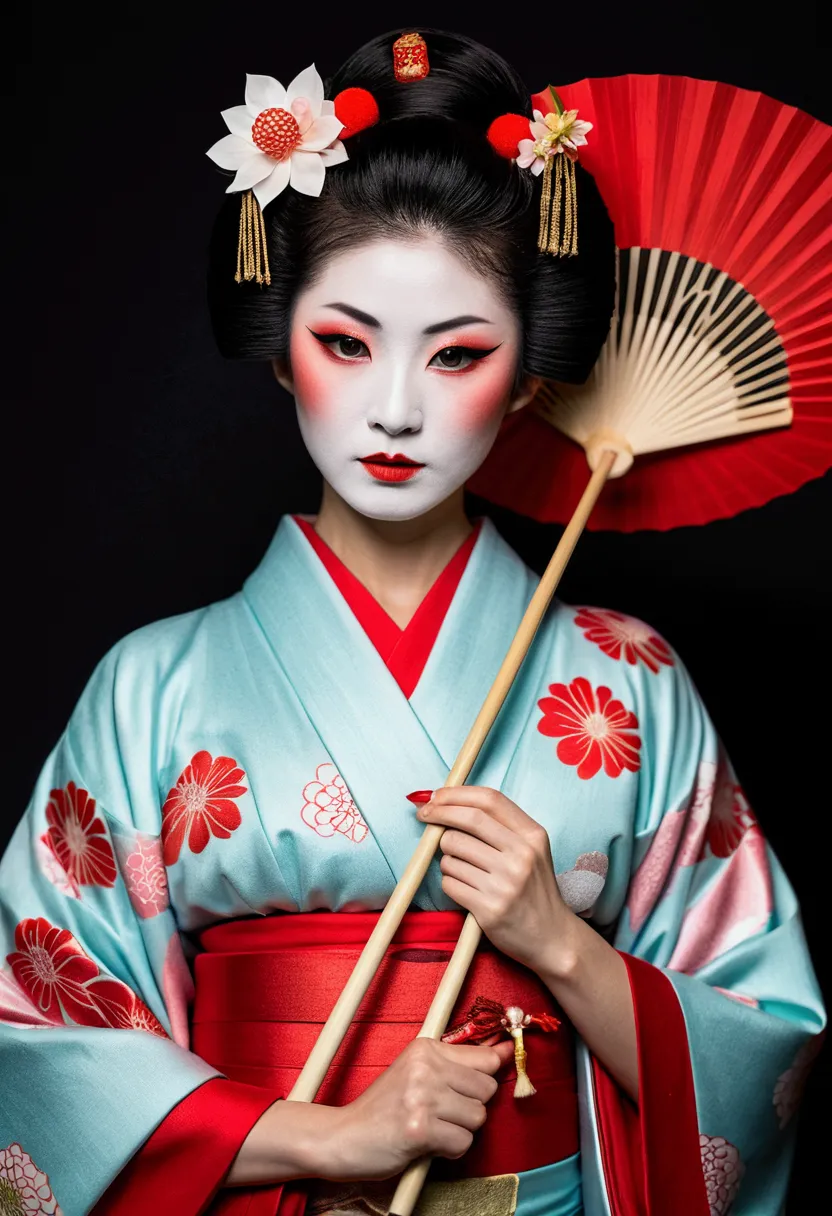 change, Leprechaun,A woman in a kimono holding a folding fan and a uchiwa fan, Traditional Japanese, Japanese style, Japanese Goddess, glamorous and sexy geisha, japanese geisha, Traditional beauty, In kimono, geisha, beauty geisha, Inspired by Fujiwara Ta...