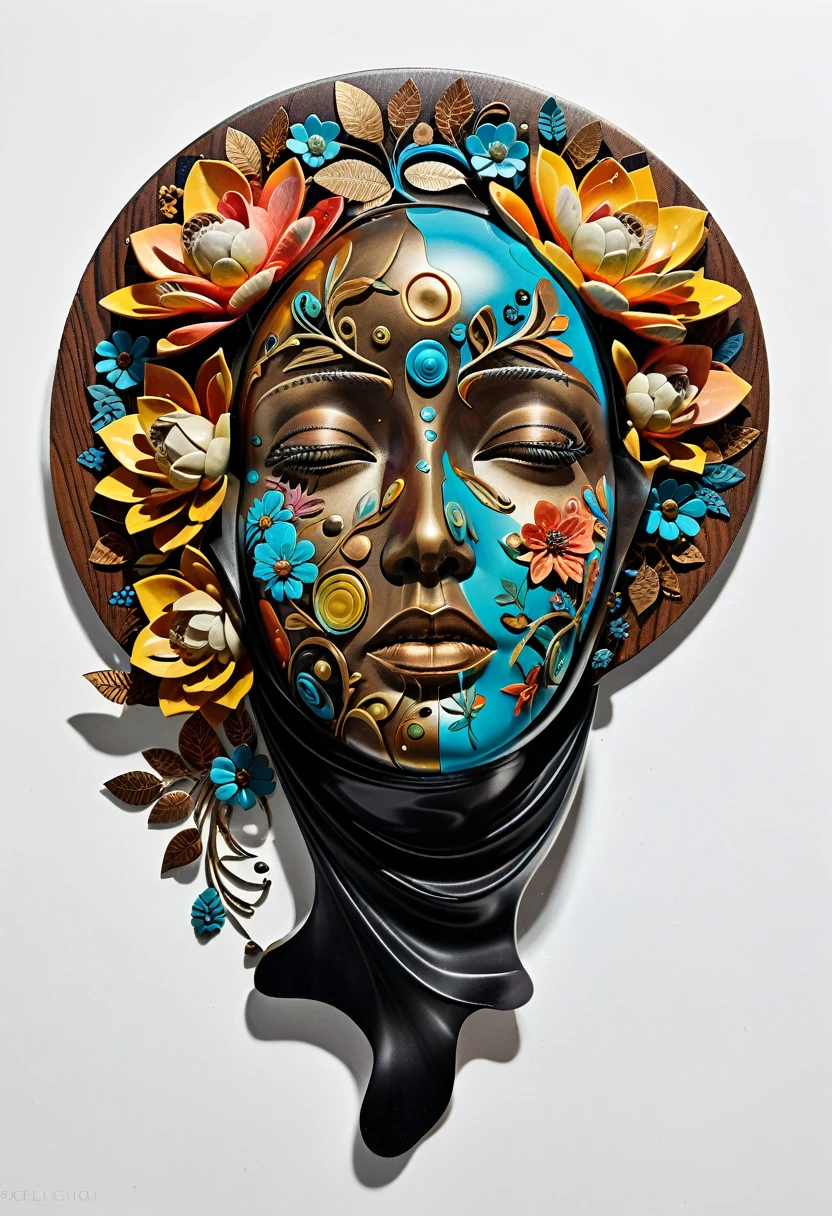 Surrealist Sculpture of a Face with Floral Patterns and Metallic Accents, mixed media sculpture by Sándor Liezen-Mayer, surrealism, neoism, abstract forms, face, floral patterns, metallic accents, bronze, wood, glass, found objects, collage techniques, textured surface, dreamlike quality, eerie atmosphere, mysterious expression, avant-garde art, conceptual.