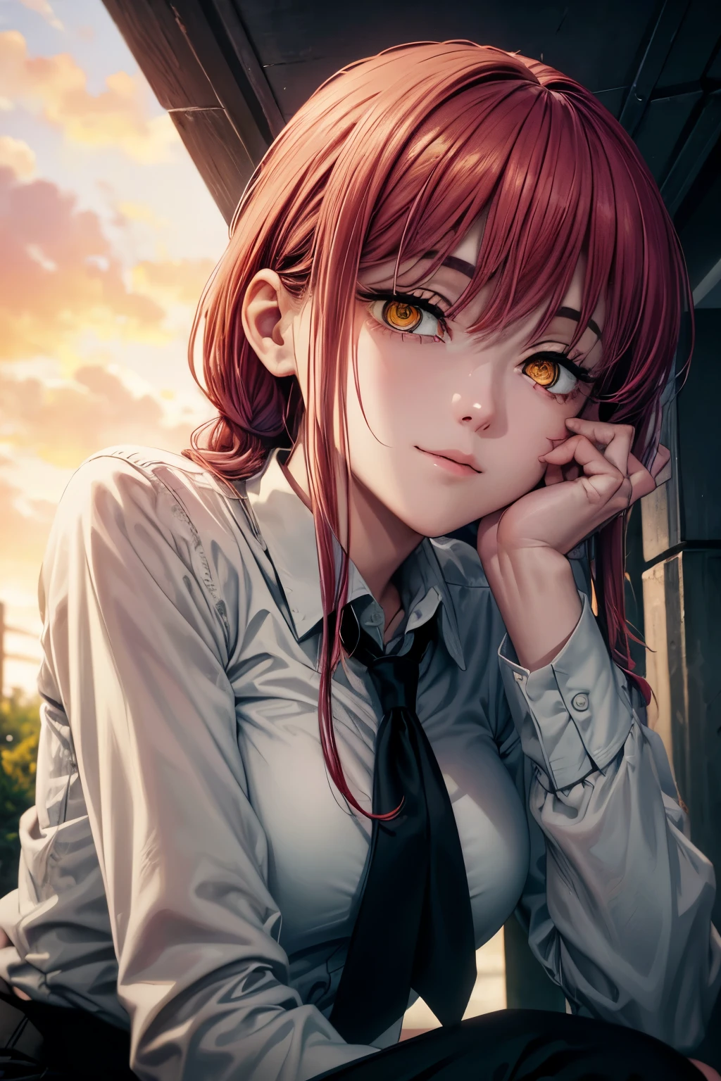 8k, raw photo, masterpiece, extremely detailed, best quality, professional lighting, high res, beautiful and adorable girl, sfw, BREAK makima, yellow eyes, spiral in eyes, lower eyelashes, dark circles under the eyes, relaxed smile, emotionless, cold smile, robotic expression, mysterious girl, BREAK (long black tie, white shirt, black pants), (looking down viewer, from below, close up model, eye contact), sunset, dark clouds, outdoor, on street