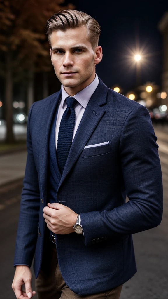 Ultra-realistic, cinematic, man, 29 years old, blond hair hair, side parted hairstyle , clean shaven, hourglass body type, wears navy blue blazer, lavender checked shirt, dark brown knitted tie , walks on street of Moscow, autumn, happy