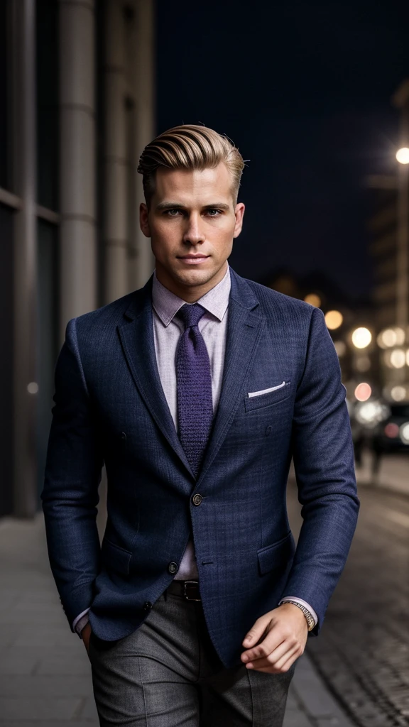 Ultra-realistic, cinematic, man, 29 years old, blond hair hair, side parted hairstyle , clean shaven, hourglass body type, wears navy blue blazer, lavender checked shirt, dark brown knitted tie , walks on street of Moscow, autumn, happy