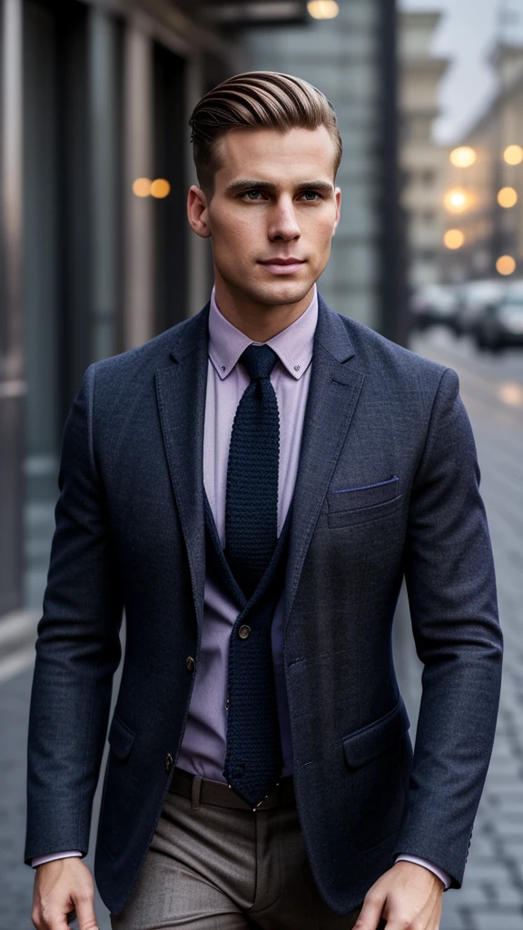 Ultra-realistic, cinematic, man, 29 years old, blond hair hair, side parted hairstyle , clean shaven, hourglass body type, wears navy blue blazer, lavender checked shirt, dark brown knitted tie , walks on street of Moscow, autumn, happy