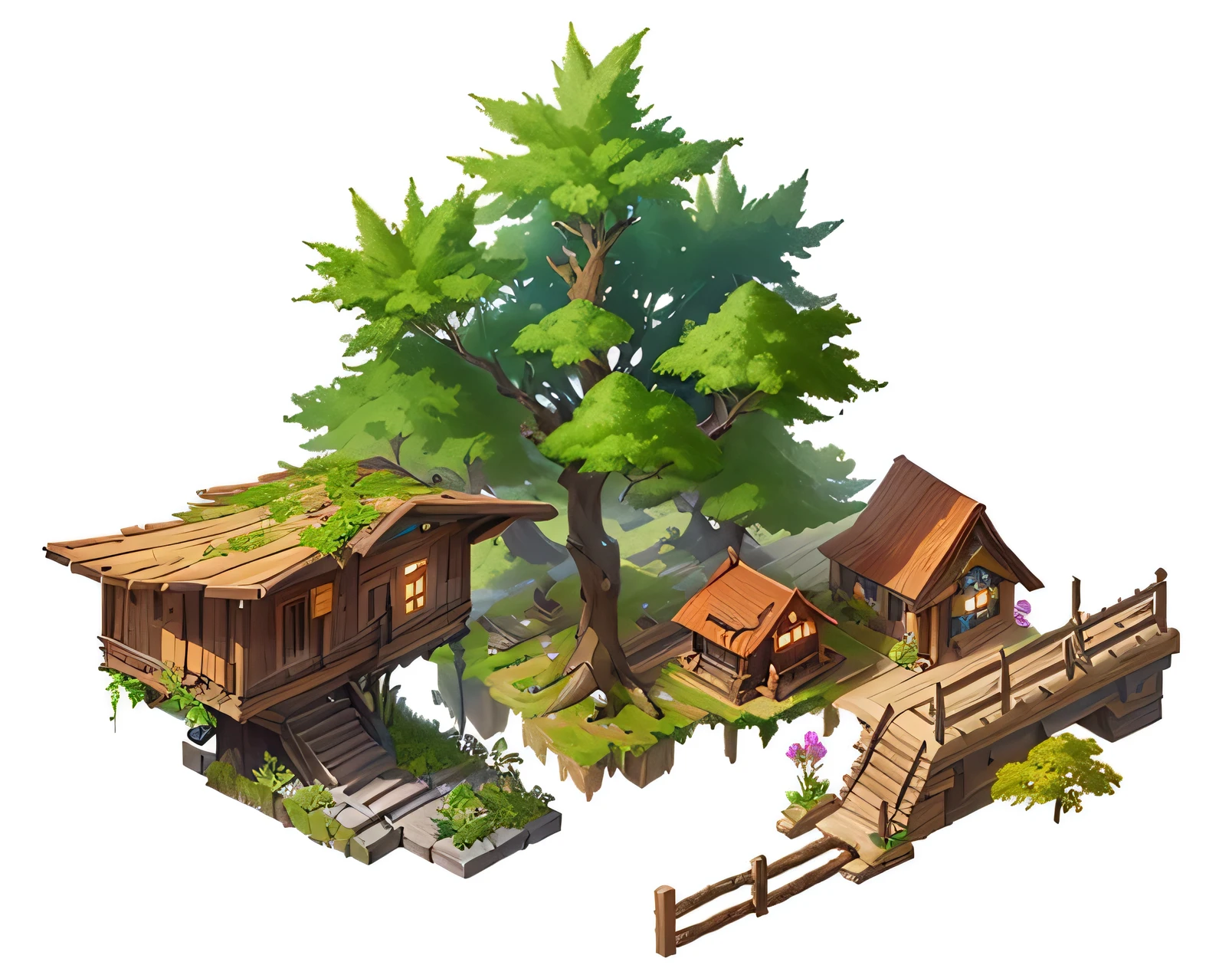 Hay una pequeña estructura de madera allí，Hay un árbol y una cerca adentro, Árboles voladores y artículos del parque, Contiene accesorios para árboles., Imagen del juego, Entorno isométrico, isometric activos del juego, activos del juego of plant and tree, arte del juego isométrico, ambiente selvático, activos del juegos, ambiente de madera antigua, Dofus, activos del juego, Activos del entorno del juego RPG