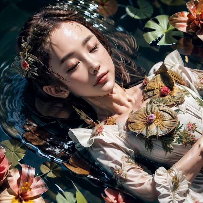 ((Ultra-Detailed (Ophelia:1.37))) with closed eyes, expressionless, lying on her back, (((Whole Body submerged, Only Upper Face above water Surface))) in a Pond, surrounded by petals, flowers, (((Extremely Detailed Stunning Face))) Sparkling Water , water flow, White Lace Dress