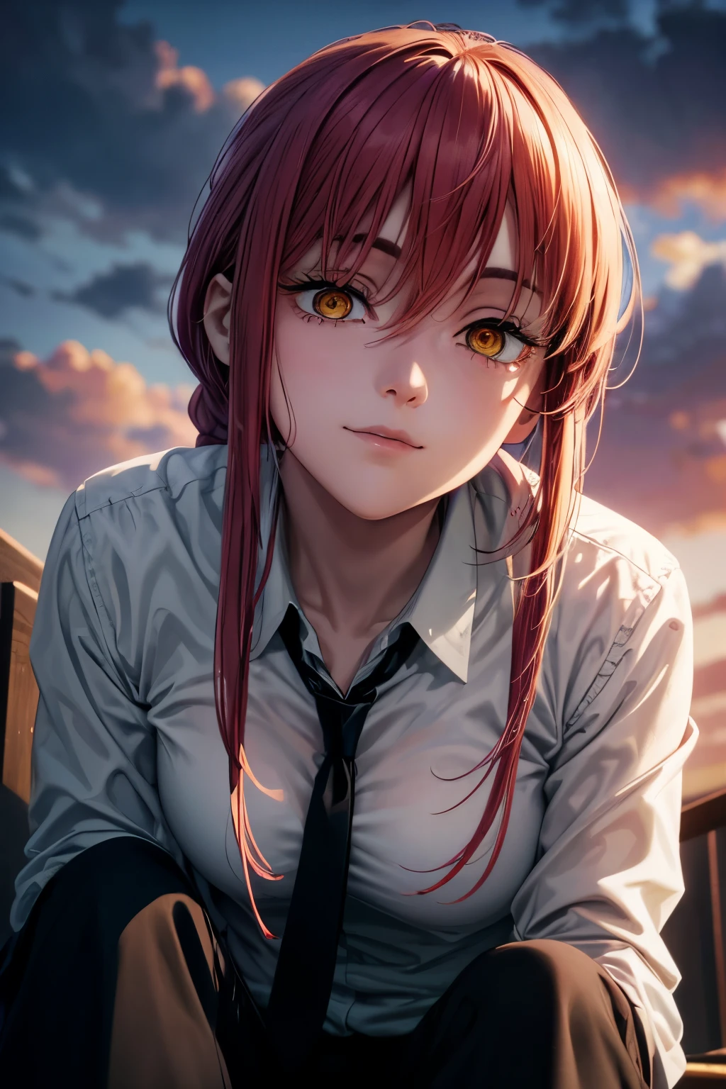 8k, raw photo, masterpiece, extremely detailed, best quality, professional lighting, high res, beautiful and adorable girl, sfw, BREAK makima, yellow eyes, spiral in eyes, lower eyelashes, red eyebrows, dark circles under the eyes, relaxed smile, emotionless, cold smile, robotic expression, mysterious girl, BREAK (long black tie, white shirt, black pants), (looking down viewer, from below, close up model, eye contact), sunset, dark clouds, outdoor, on street