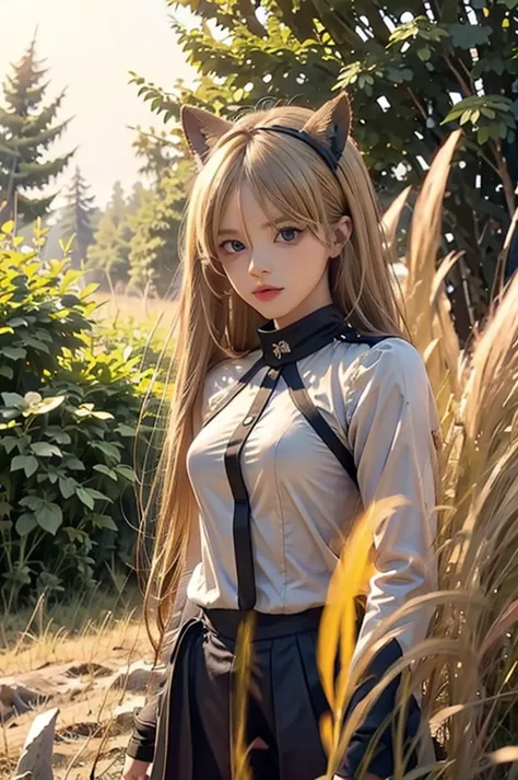 the girl with blonde hair in uniform poses in front of a field, 1girl, animal ears, blonde hair, long hair, looking at viewer, l...