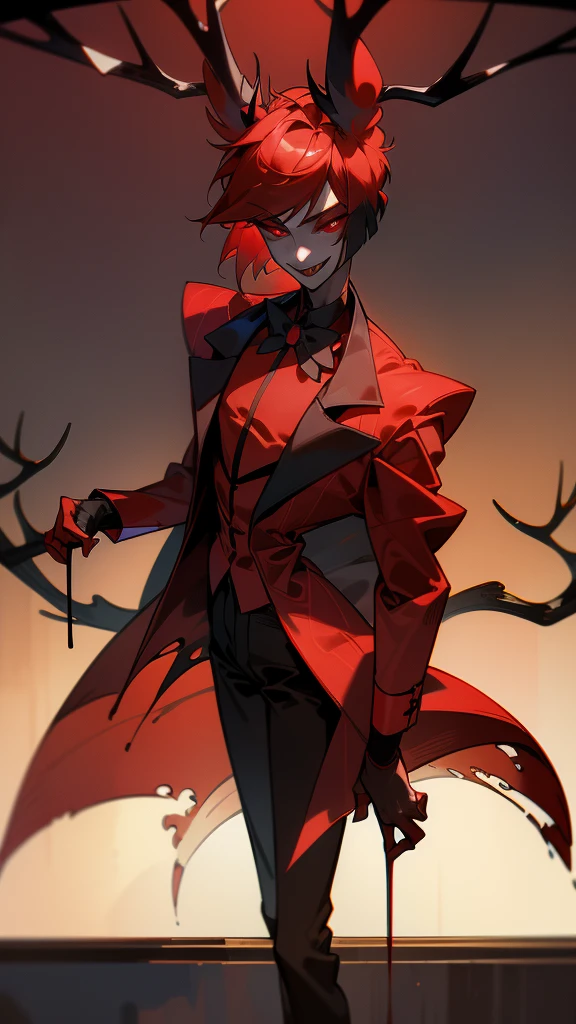 1 boy, man, perfect anatomy, mesmerizing red eyes, antlers, 8k resolution, (one person), red suit, (realism: 1.2), (masterpiece: 1.2), (cowboy frame: 1.2), dark romantic lighting, (high detail: 1.2), (detailed face: 1.2), (full body shot: 1.2), (gradients), bright, detailed eyes, (natural light: 1.2),solo, hotel, indoors, perfect lighting, (black lips), vampire fangs, deer ears, red jacket, red eyes, perfect facial features, perfect angle, perfectly drawn eyes, man, smile, full-length, unbuttoned shirt, skinny