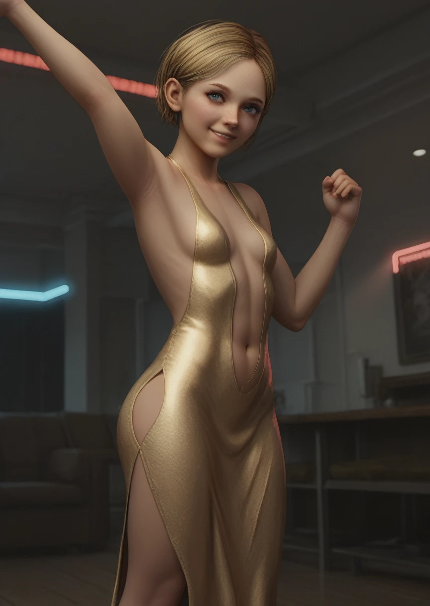 1girl, sarah miller, short hair, blonde hair, light blue eyes, small breasts, golden minidress, side slit, backless dress, navel cutout, wide hips, smile, solo focus, cowboy shot, dynamic pose, dancing, ass, indoors, club, neon lights, lighting, shadows, blurry background, source_realistic, (score_9, core_8_up, score_7_up, score_6_up)