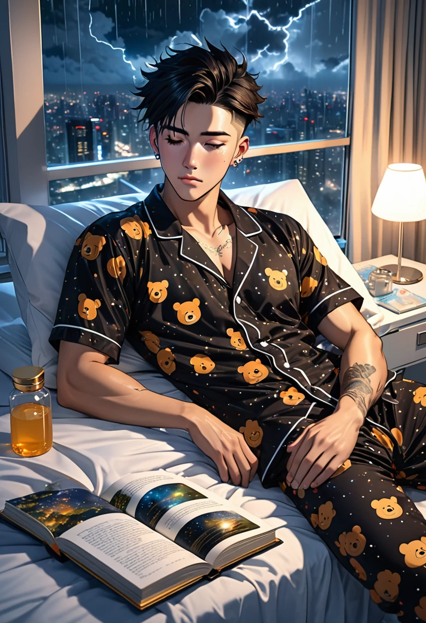 Handsome 25 year old anime male, sleeping atop his hospital bed/handsome male, face piercings, scars, short spiked black undercut hair, freckles, wearing honey bear print pajamas, luxurious futuristic expensive hospital room, a book sits on the side table, night time, storm raging outside window