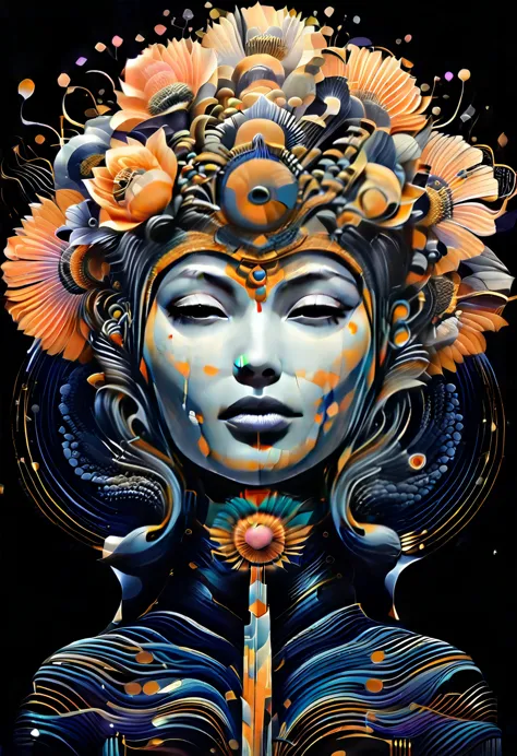 award winning photograph of a mysterious woman with a flower in her head,, amazing depth, masterwork, surreal, geometric pattern...