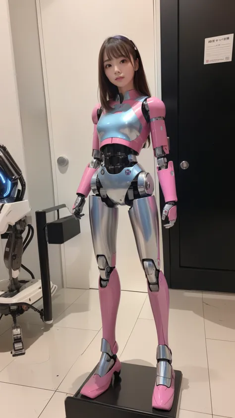 (Photorealsitic:1.4)、one robot woman、(top-quality)、(hyperdetailed face)、(Super well-formed face)、(Robot Parts)、(Female-Robot)、(25 years-old)、(Blue)、(pink there)、(Burgundy)、(metallic)、(full-body)、(sexy pose)、(Slender body)、(Model body type)、(full body mech)、(street of Akihabara)、(is looking at the camera)、(A brown-haired)、(Well-proportioned body)、(a small face)、(a small head)、(well-groomed fingers)、(Idol)、(front facing)、(Standing with legs open)、(Photo session)、(Looks sad)、(perfect-female-robot)、(perfect-mechanical-body)