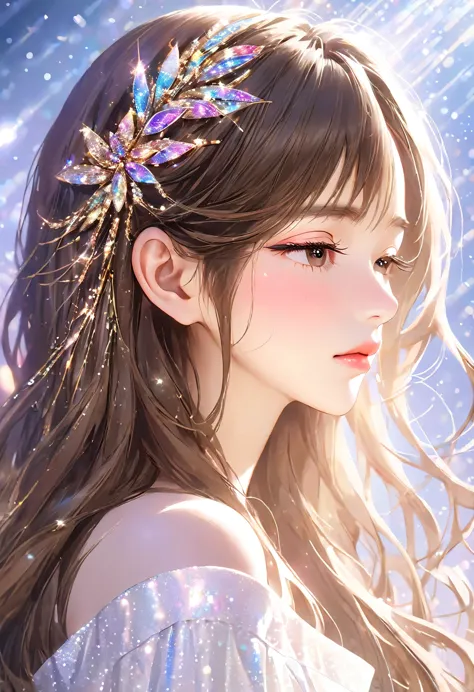 close-up of the profile of a beautiful girl with long brown hair, closing her eyelids, not opening her eyes, completely closing ...