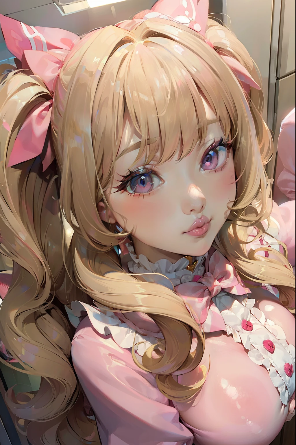  (masterpiece:1.2), super detailed, massive , big ass, juicy lips, big lips, massive lashes, long blonde hair, twin tails, hair down, pink bow, pink clothes, from above, selfie, upward glance, glance up