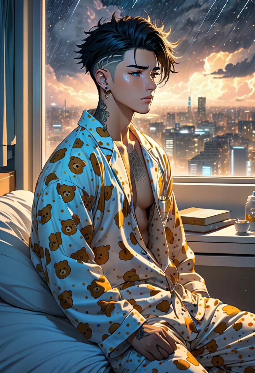 Handsome 25 year old anime male, falling a sleep atop his hospital bed/handsome male, face piercings, scars, short spiked black longish hair with a undercut, freckles, wearing honey bear print pajamas, luxurious futuristic expensive hospital room, a book sits to the side , night time, storm raging outside window