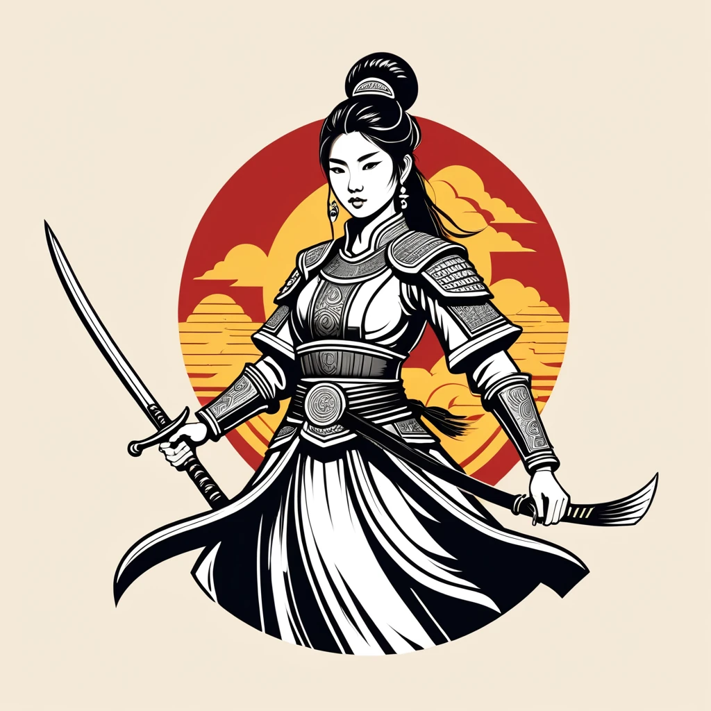 female	warrior	in vietnamese folk outfit	,vector graphics, strong contours, logo design																						