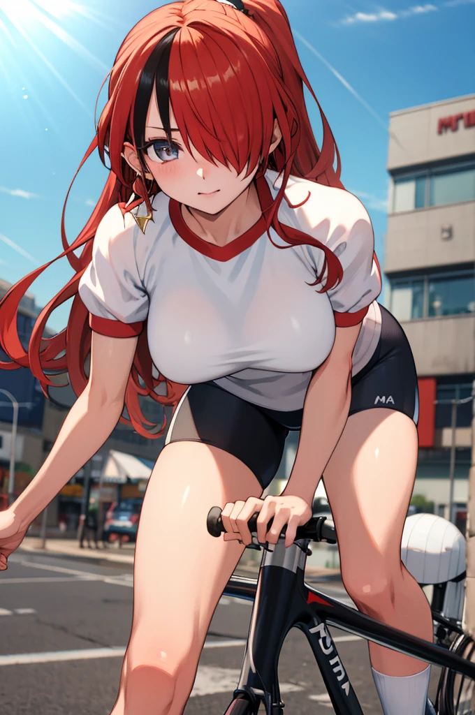 masterpiece, best quality, highres, hmlain, long hair, , ponytail, streaked hair, hair over one eye,, , hair over one eye, earrings, outdoor,looking viewer,gym shirts,bike shorts,socks