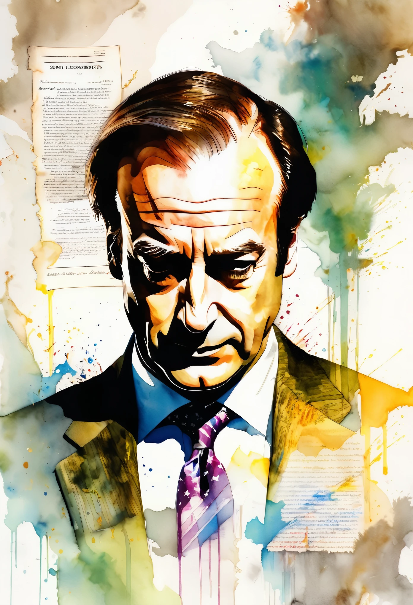 watercolor of sleezy lawyer Saul Goodman (Bob Odenkirk) double image with The US Constitution document, dramatic, by Carne Griffiths and Rembrandt, "Better Call Saul" watercolor speedpaint, Stylized layered overlapping images, disintegrating loose stroke watercolor, Complex contrast, soft cinematic Volumetric lighting; V-Ray