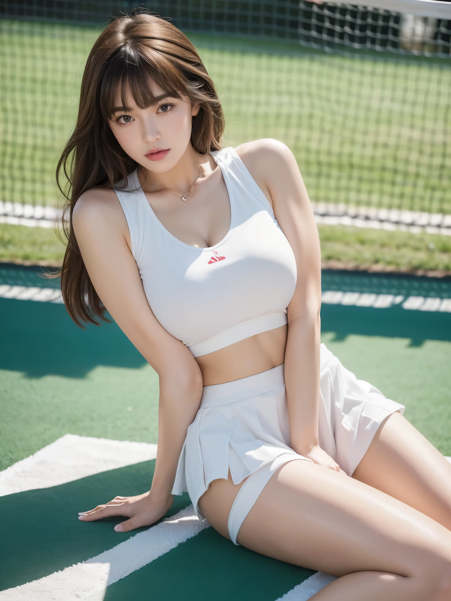 White tennis wear, tennis racket, Tennis ball, Tennis court, (Highest quality) , ((Very detailed)) , 4K , (8k) , masterpiece, Very detailedな, Highest quality, Super Resolution, 1 person, Crying a little, Soft Light, RAW quality, Soft Skin, 152cm , 20-year-old girl, Cute type, Big Natural Color Lip, Positive, Spread your legs， (Provocative dynamic pose) , (Perfect figure)Beautiful feet, Voluptuous thighs, Soft long hair, bangs, Brown Hair, 1 personの女の子, Highest Resolution, Big and cute eyes, A clear double, White pleated micro mini skirt, No underwear, Voluptuous thighs, Plump body, Huge breasts, (Expresses the roundness and softness of the chest area...1) , I&#39;m a little sweaty, Pussy in full view, Skirt flip, Beautiful pussy line, erotic