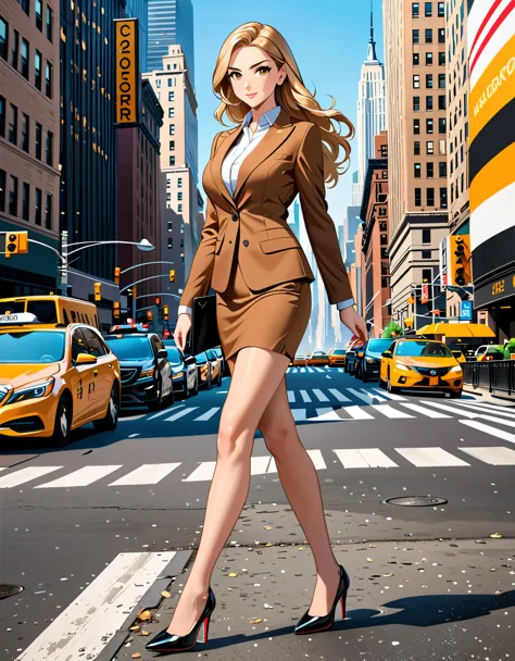 (masterpiece), (best quality), (high res), 1lady, tall body, beautiful detailed face, detailed eyes,  perfect hands, complete fingers, perfect anatomy, perfect proportions, dressed in a brown suit, pencil skirt, new york city backdrop, highly detailed, professional, bare legs, (full body), standing, blonde hair, long hair, hazel eyes, ((shoes, matching shoes, high heels)), breasts, medium breasts, (full body portrait), looking at viewer, walking, casual, solo, solo focus, cowboy shot, new york backdrop, full body costume design.