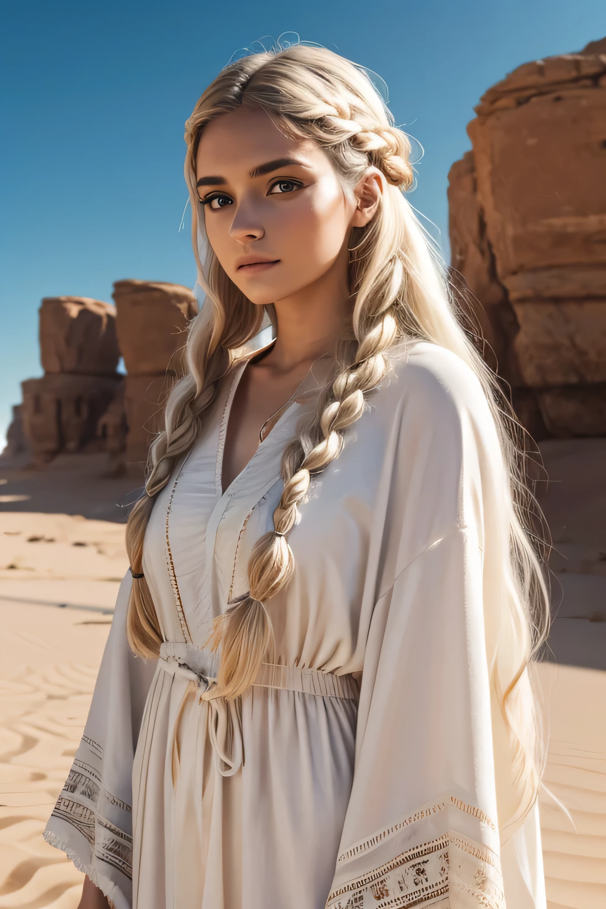 1 female, long white hair, braided hair, wearing a caftan, ugly face, 25 years old, desert background, absurdres, high res, ultrasharp, 8K, masterpiece, the image should be of absurd resolution and high detail. It should be ultra-sharp and available in 8K resolution, representing a masterpiece in image quality.